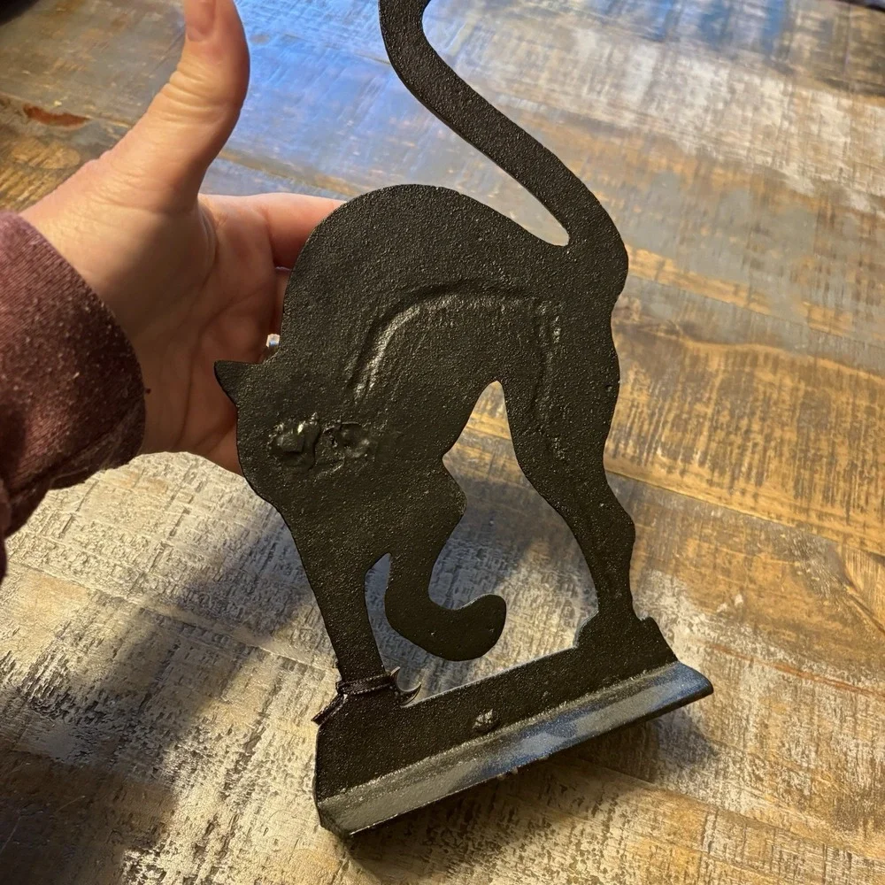 Vintage Cast Iron Door Stop Black Cat Spooky Feline Heavy 11